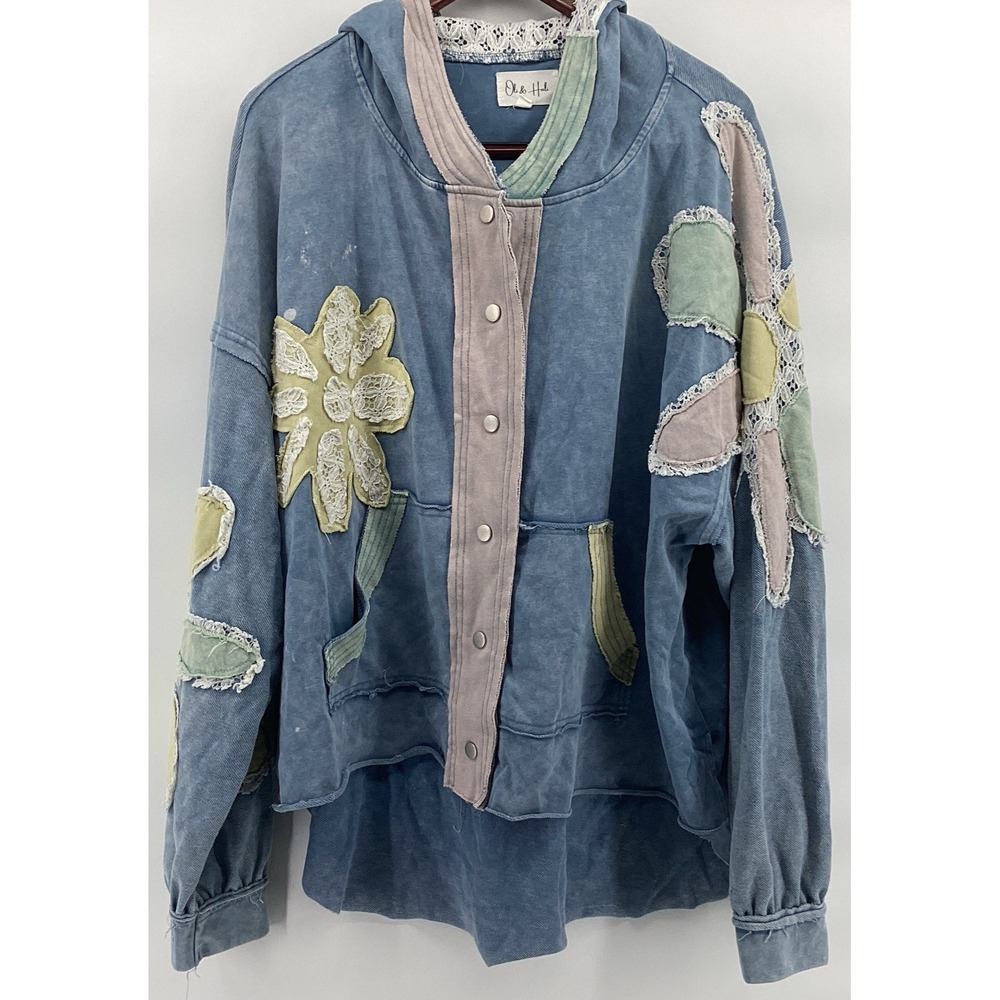 Oli & Hali Patchwork Hoodie Floral Multicolored Stars Boho Womens XL Button Up